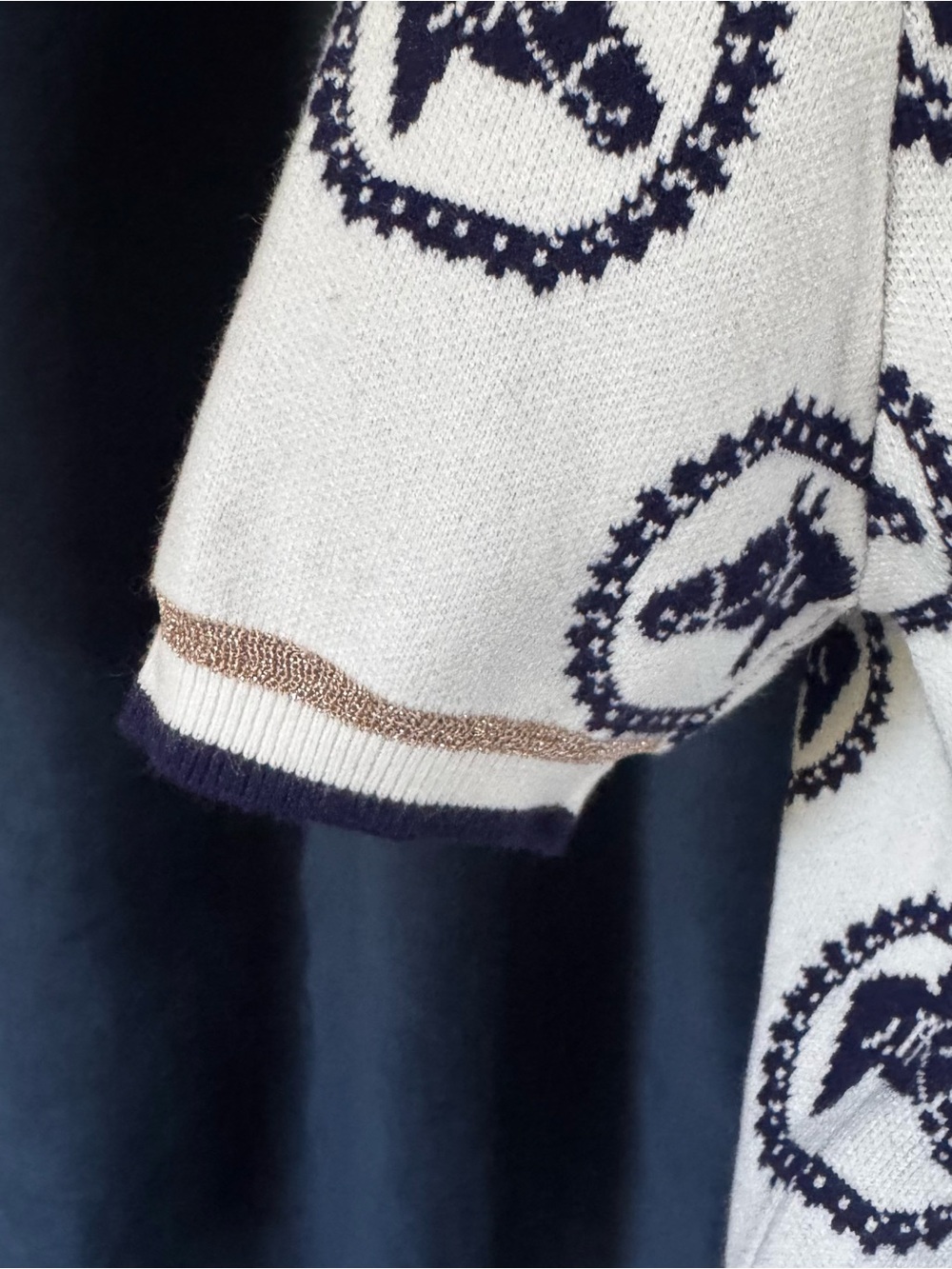THML Navy Stallion Horse Sweater White Metallic Gold Trim - Picture 3 of 10